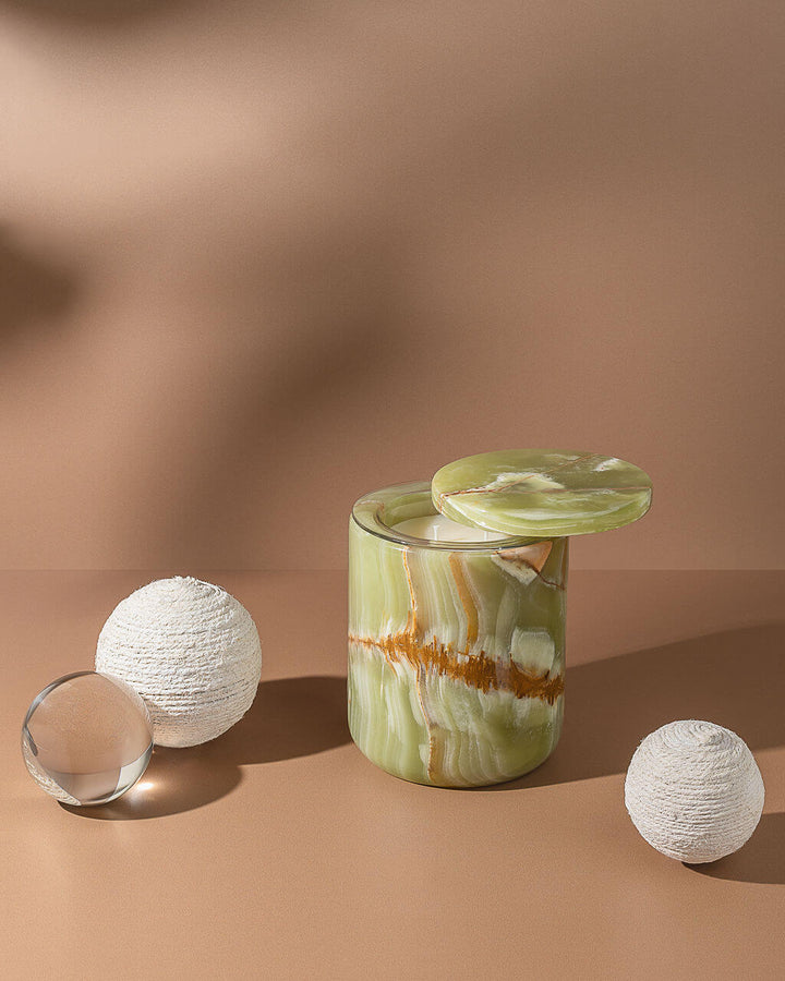 CANDLE HOLDER STONE WITH LID GREEN ONYX #71221