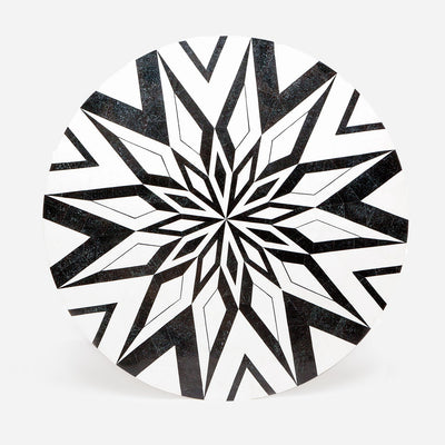 TABLE ROUND BLACK & WHITE MARBLE INLAY SILVER BASE