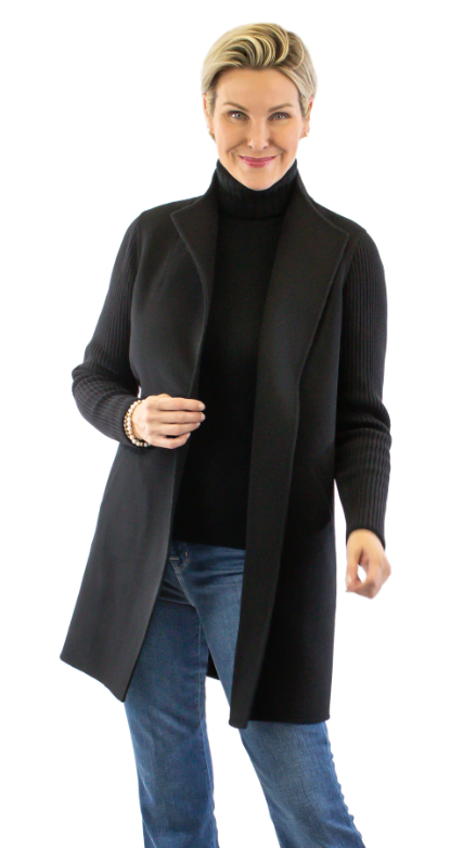 KINROSS CASHMERE COAT RIB SLEEVE BLACK (Available in 2 Sizes)