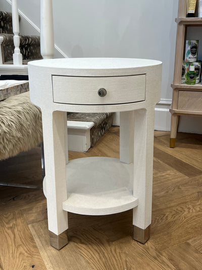 SIDE TABLE 1-DRAWER ROUND WHITE LINEN