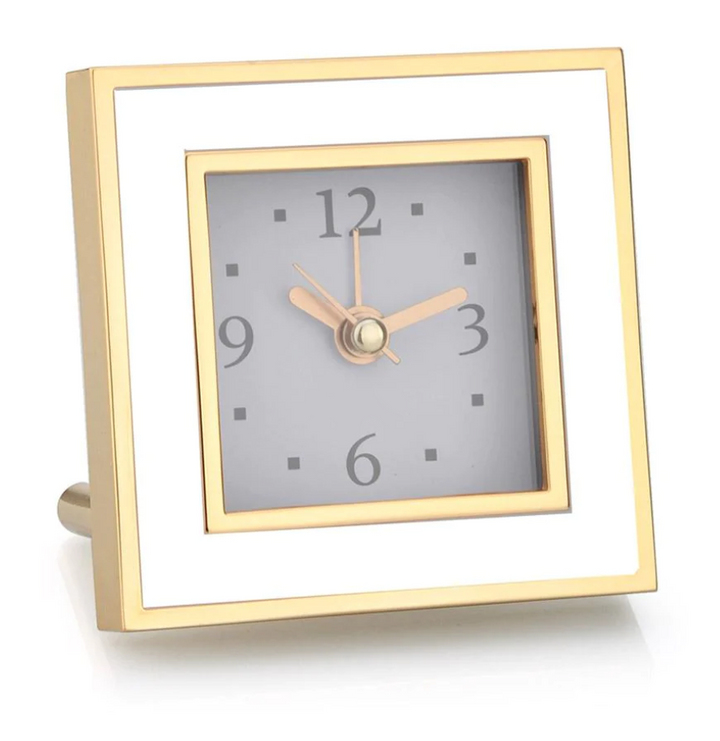 ALARM CLOCK WHITE ENAMEL & GOLD SQUARE #64807