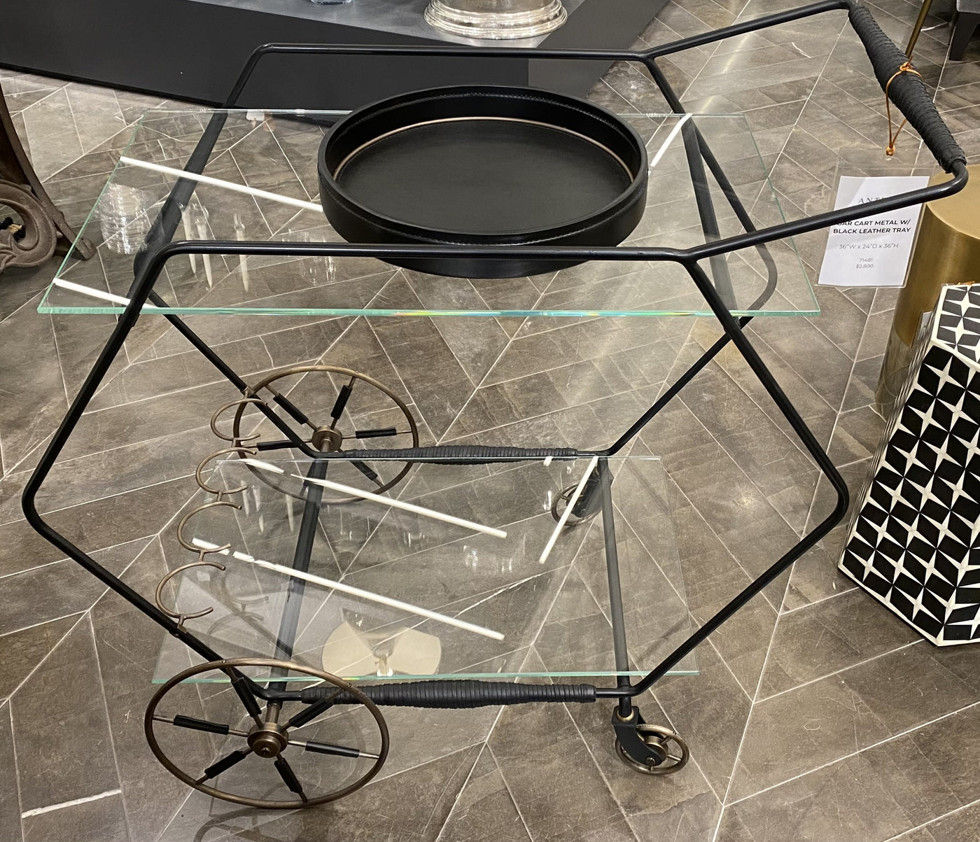 BAR CART METAL WITH BLACK LEATHER TRAY