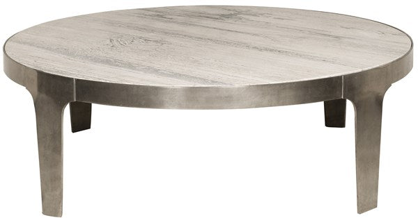 TABLE COCKTAIL ROUND AGED SILVER METAL & TRAVERTINE TOP