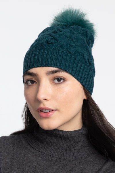 KINROSS CASHMERE HAT CABLE WITH POM (BLACK)