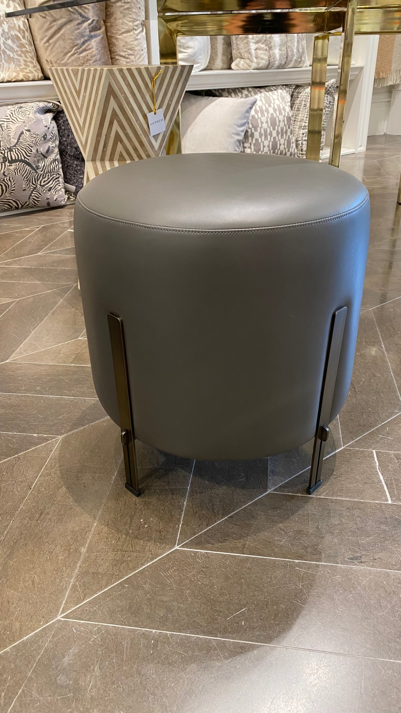 STOOL GREY LEATHER WITH BRONZE LEGS