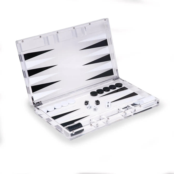 BACKGAMMON SET ACRYLIC WHITE & BLACK 14"