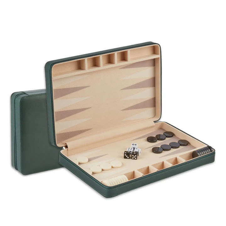 BACKGAMMON SET TRAVEL LEATHER GREEN