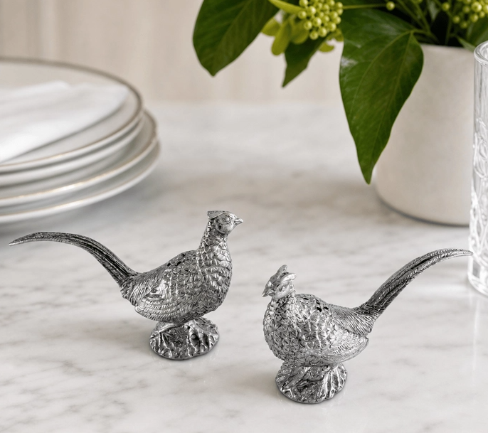 SALT & PEPPER SHAKERS PEWTER PHEASANTS