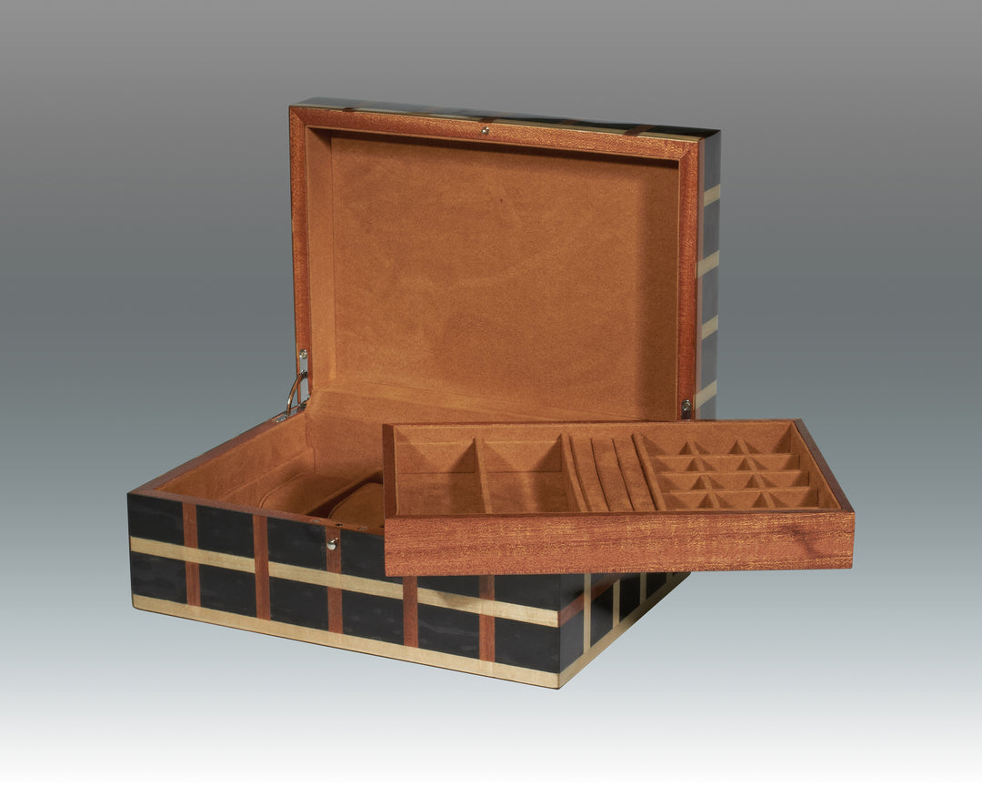 JEWERLY BOX BLACK SQUARES WITH TRAY