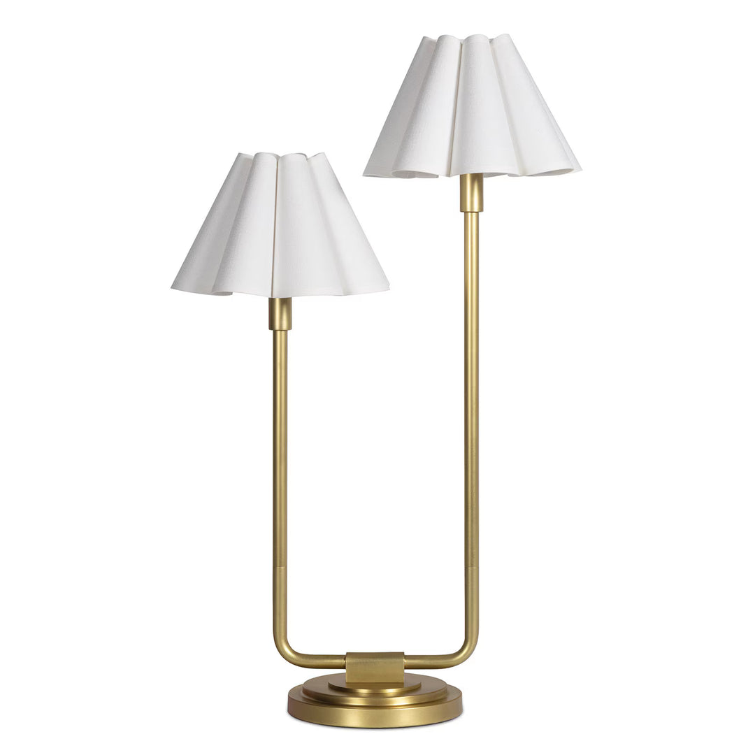 TABLE LAMP DOUBLE ARM BRASS LINEN SCALLOPED SHADE