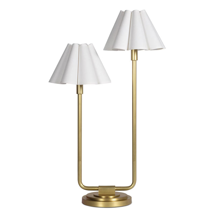 TABLE LAMP DOUBLE ARM BRASS LINEN SCALLOPED SHADE