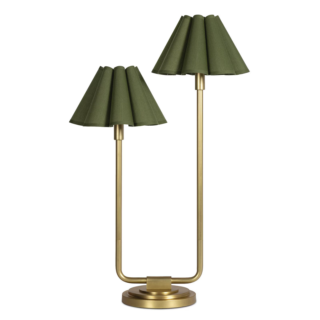 TABLE LAMP DOUBLE ARM BRASS OLIVE SCALLOPED SHADE
