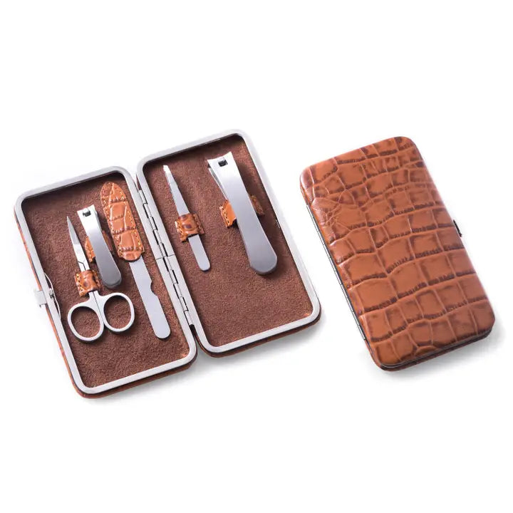 MANICURE SET BROWN LEATHER WITH CROCO