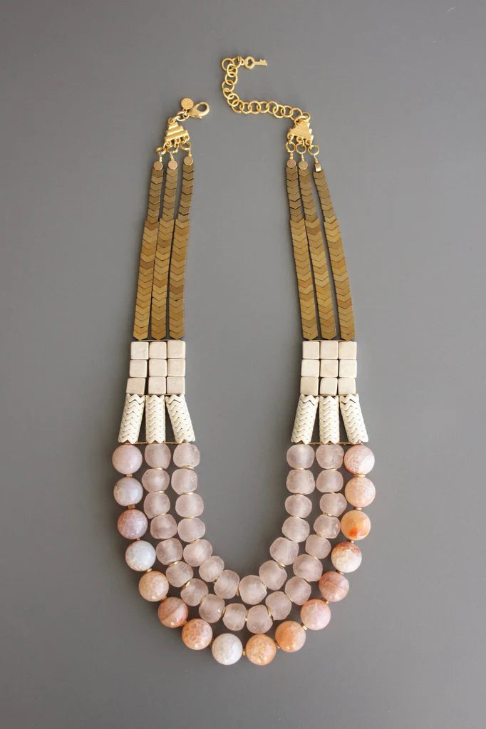 NECKLACE TRIPLE STRAND AFRICAN GLASS & HERMATITE