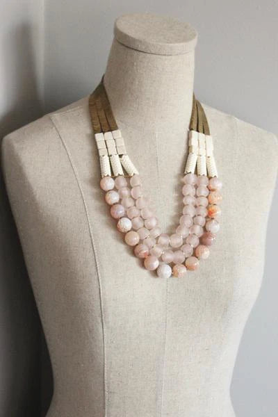 NECKLACE TRIPLE STRAND AFRICAN GLASS & HERMATITE