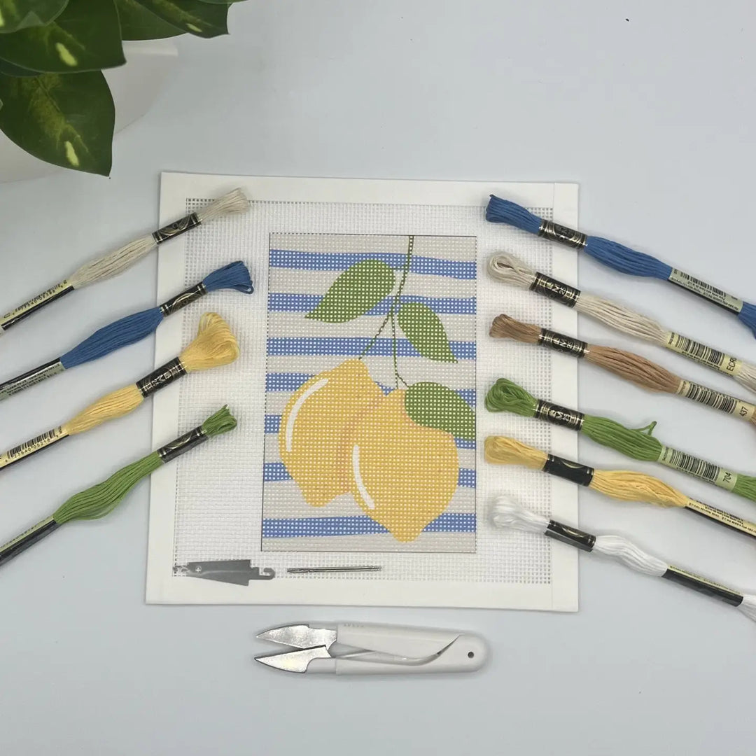 NEEDLEPOINT KIT TWO LEMONS ON BLUE STRIPES