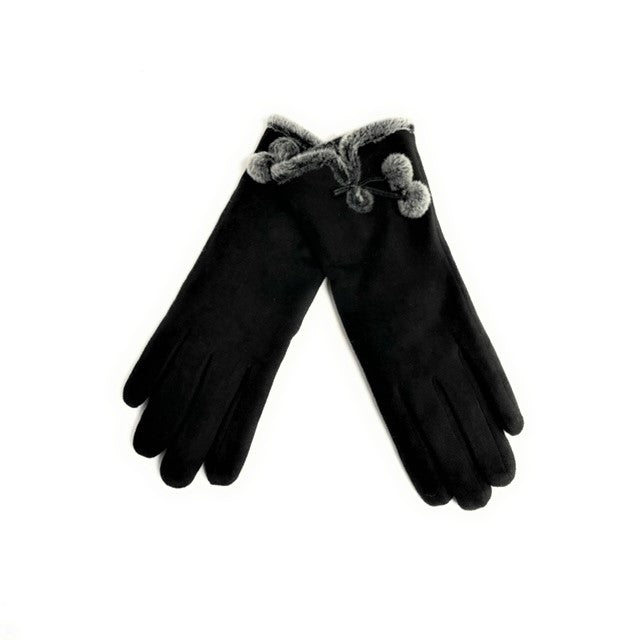 GLOVES MICRO SUEDE W/ FAUX FUR & POM POM TRIM