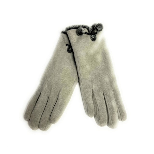 GLOVES MICRO SUEDE W/ FAUX FUR & POM POM TRIM