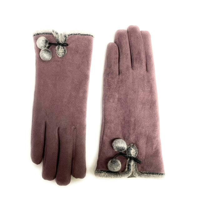 GLOVES MICRO SUEDE W/ FAUX FUR & POM POM TRIM