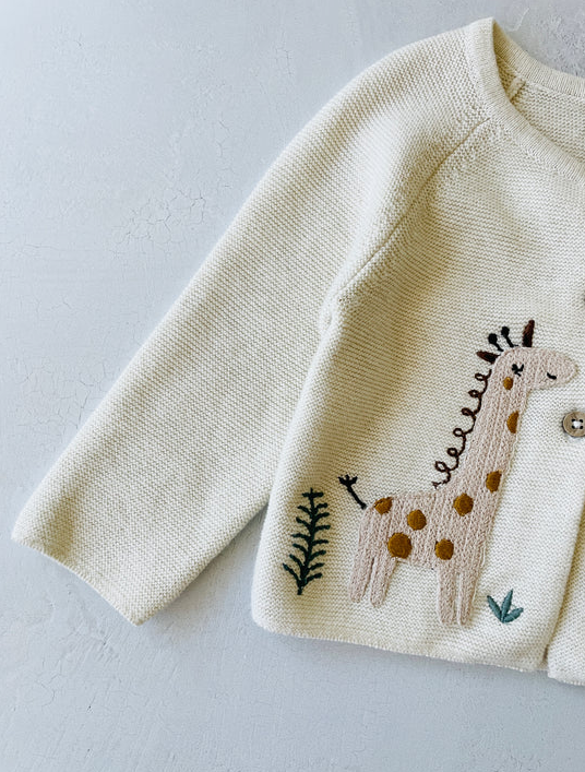 CARDIGAN SWEATER ANIMAL SAFARI EMBROIDERED NATURAL