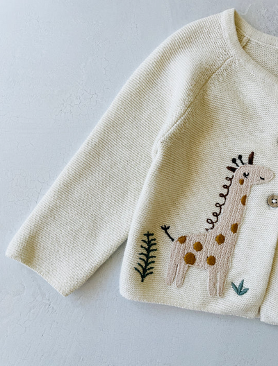 CARDIGAN SWEATER ANIMAL SAFARI EMBROIDERED NATURAL (Available in 2 Sizes)