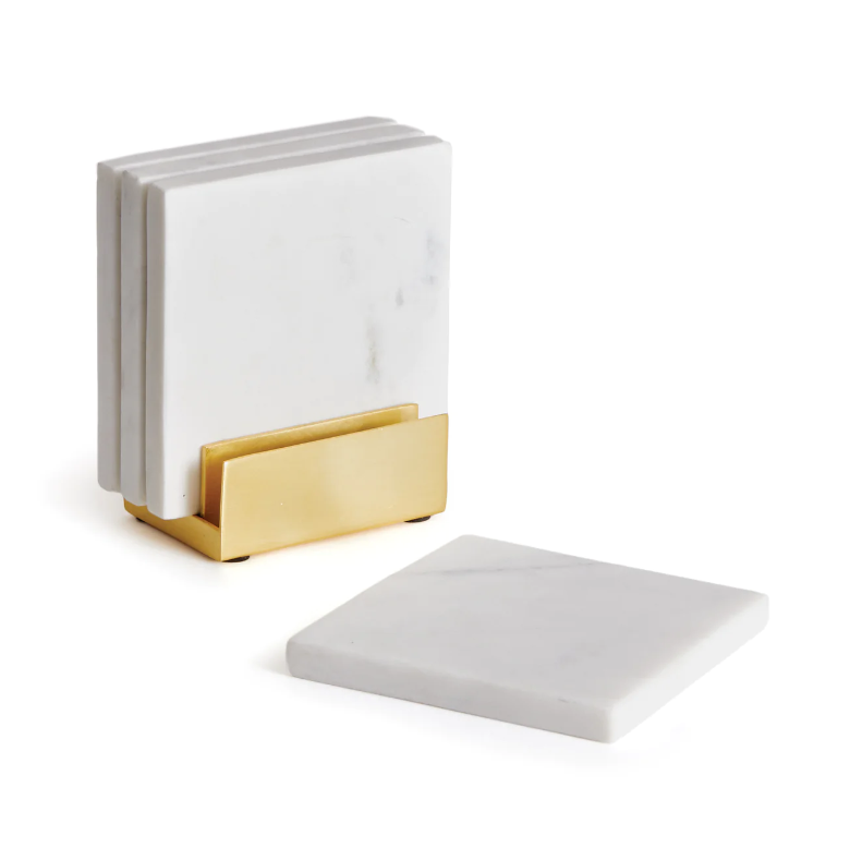 COASTERS WHITE MARBLE WITH GOLD METAL HOLDER S/4