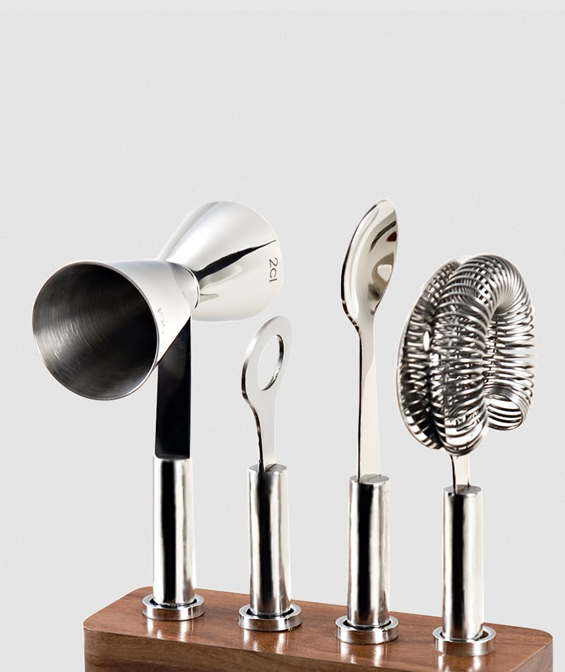 BAR SET W/ WOOD BASE S/S 4 PC TOOLS #215