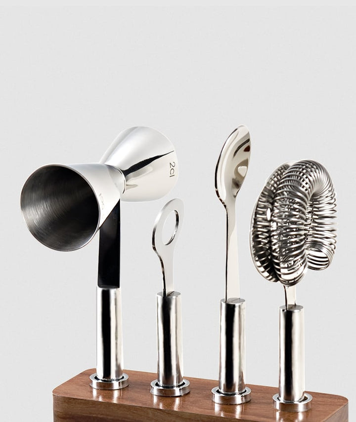 BAR SET W/ WOOD BASE S/S 4 PC TOOLS #215