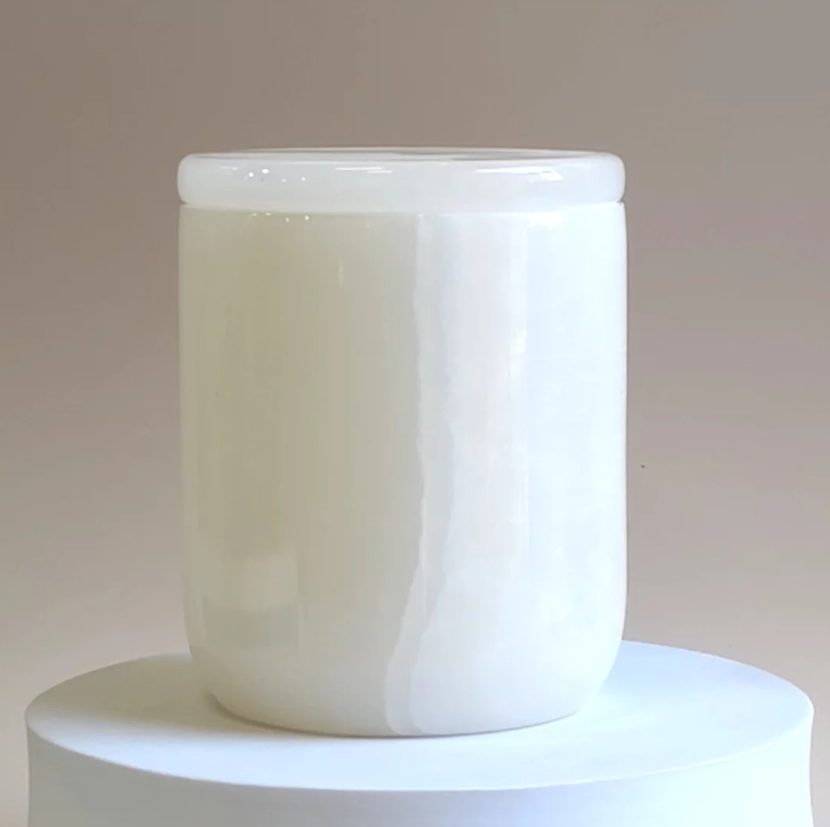 CANDLE HOLDER STONE WITH LID WHITE ONYX