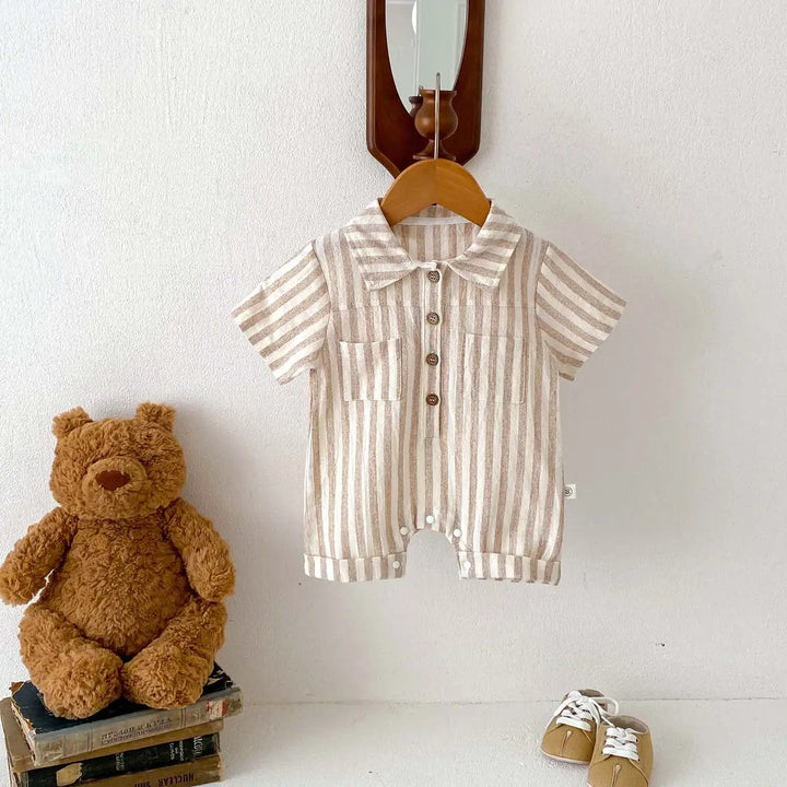 ROMPER SHORT SLEEVE STRIPED TURN-DOWN COLLAR