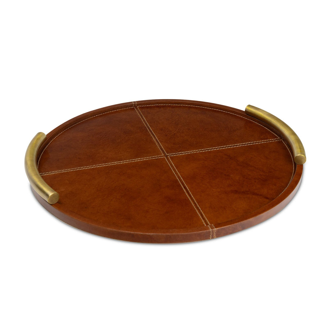 TRAY ROUND LEATHER METAL HANDLES