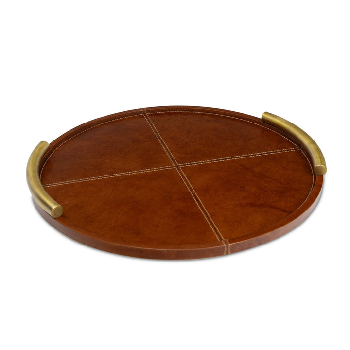 TRAY ROUND LEATHER METAL HANDLES