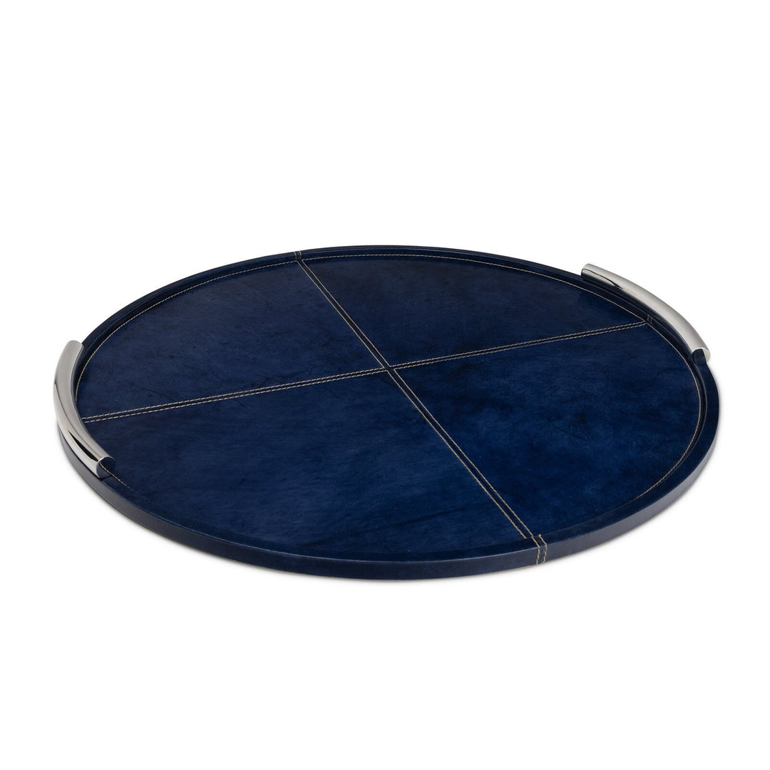 TRAY ROUND LEATHER METAL HANDLES