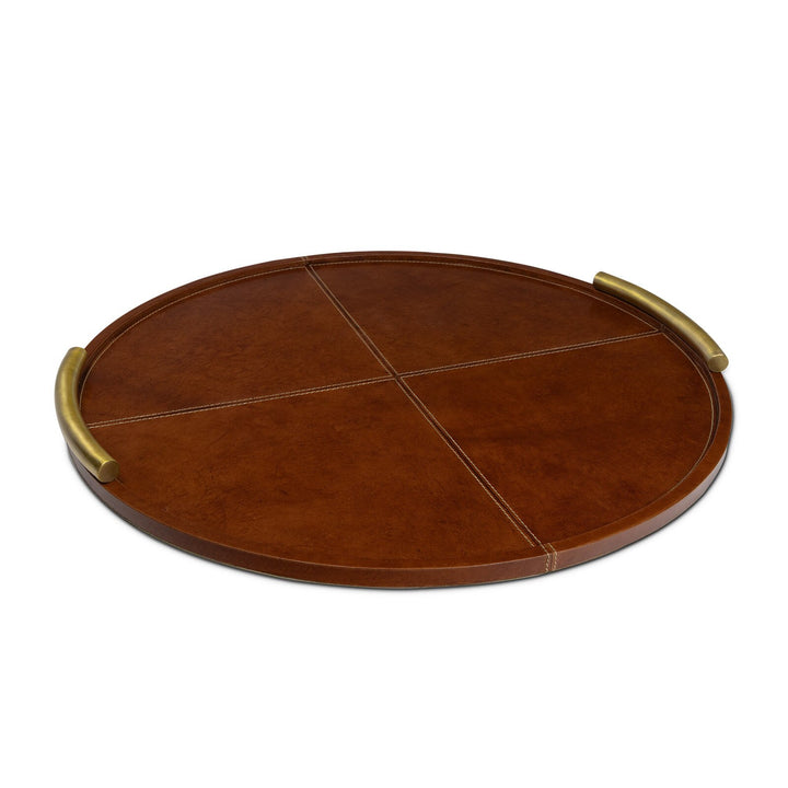 TRAY ROUND LEATHER METAL HANDLES