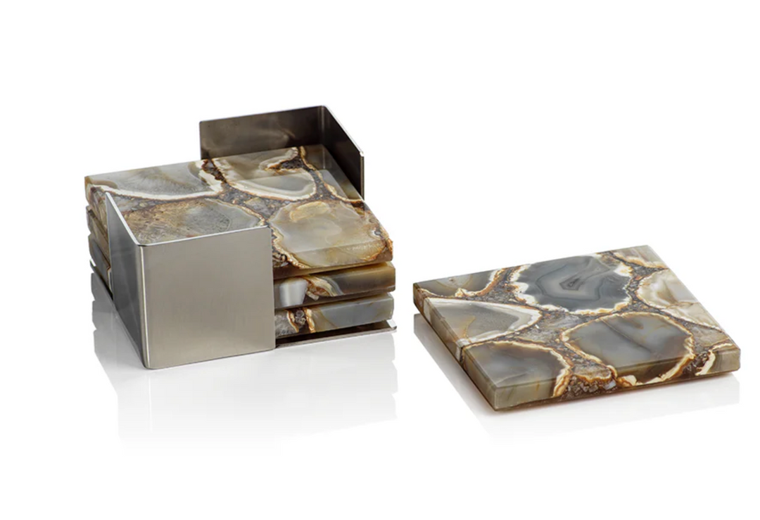 S/4 COASTERS AGATE TAUPE/BRN ON TRAY
