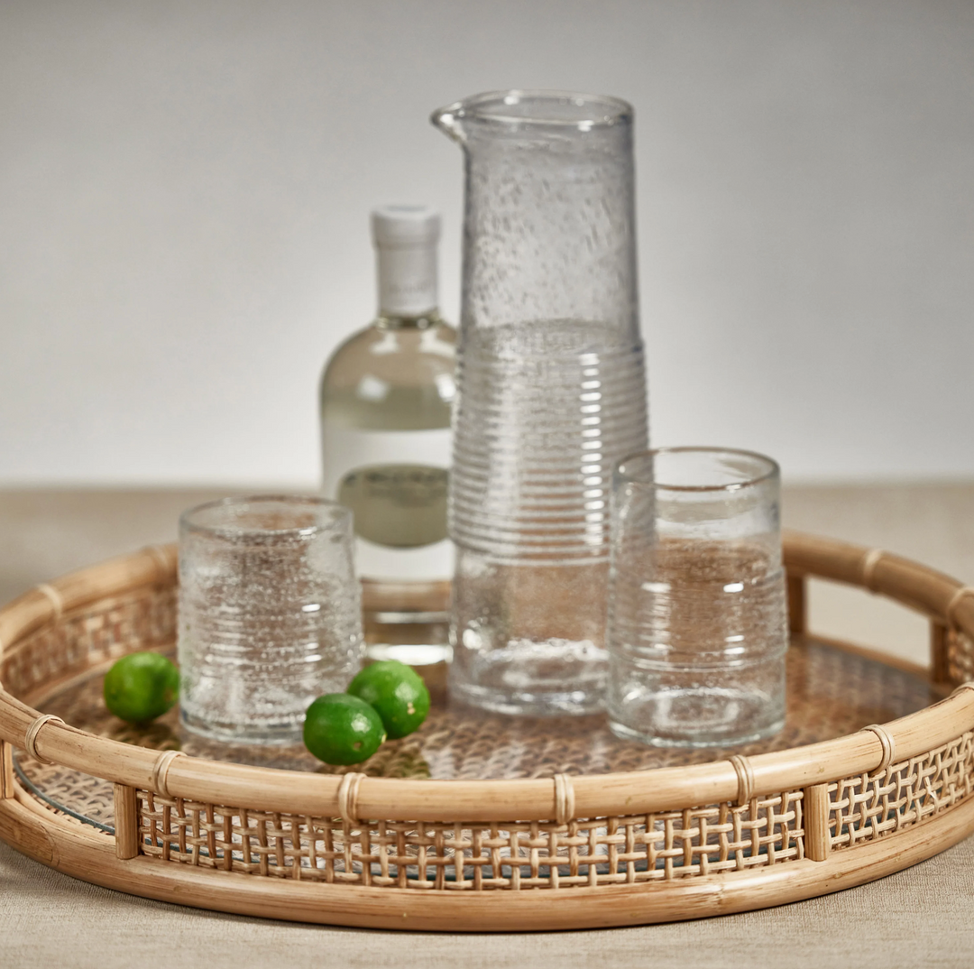 TRAY SERVING RATTAN WITH GLASS INSERT ROUND #65509