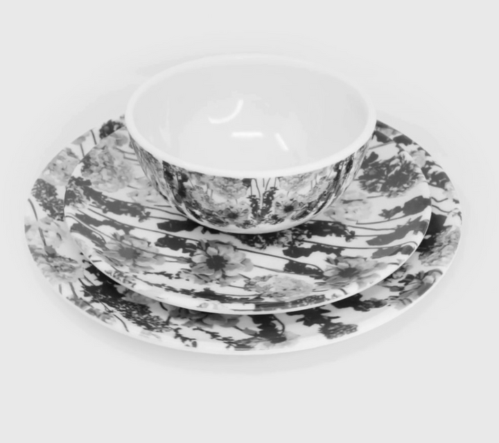 DINNERWARE MELAMINE GRAY FLORAL