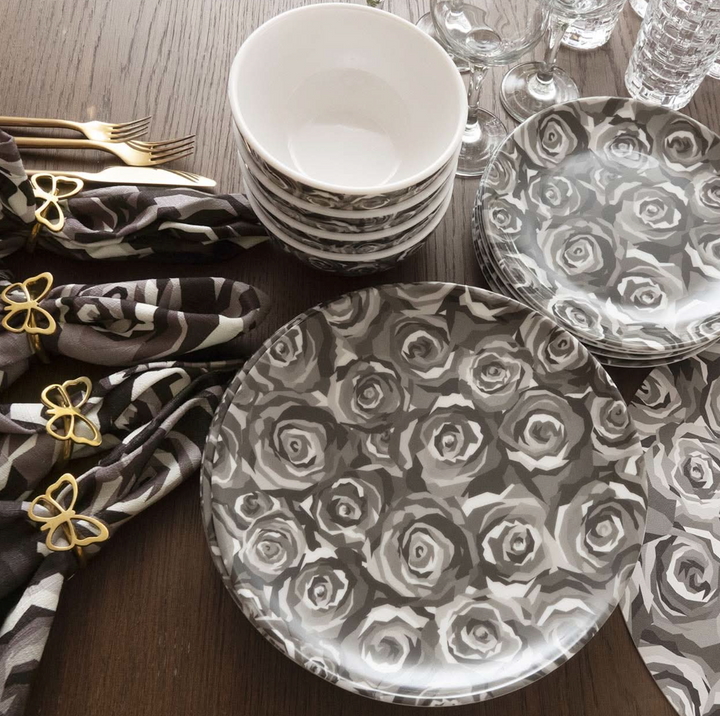 DINNERWARE MELAMINE GRAY ROSES