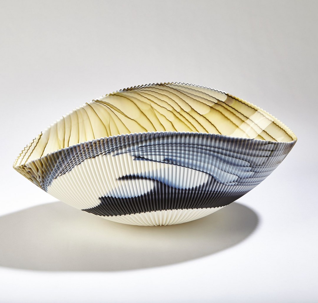 BOWL PLEATED AMBER AND BLUE FILIGREE