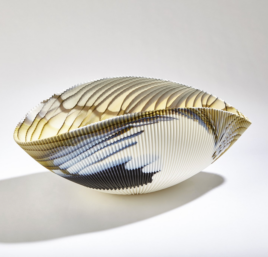 BOWL PLEATED AMBER AND BLUE FILIGREE