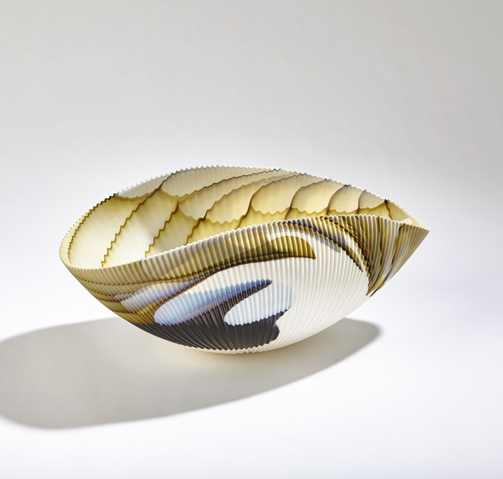 BOWL PLEATED AMBER AND BLUE FILIGREE