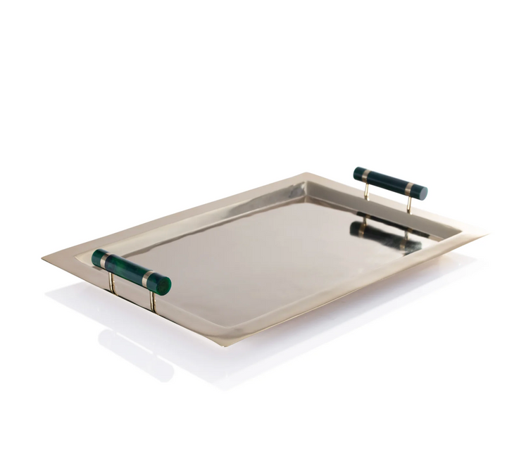 BAR TRAY GOLD WITH GREEN ACCENTS HANDLES
