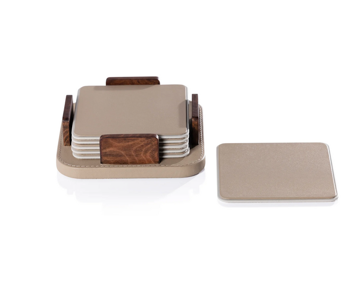 S/6 COASTERS LEATHER WITH BURL VENEER