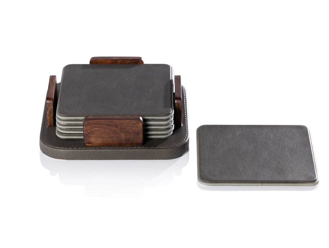 S/6 COASTERS LEATHER WITH BURL VENEER