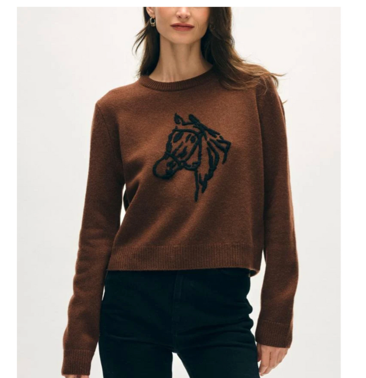 CASHMERE BLEND HORSE EMBROIDERED CREW
