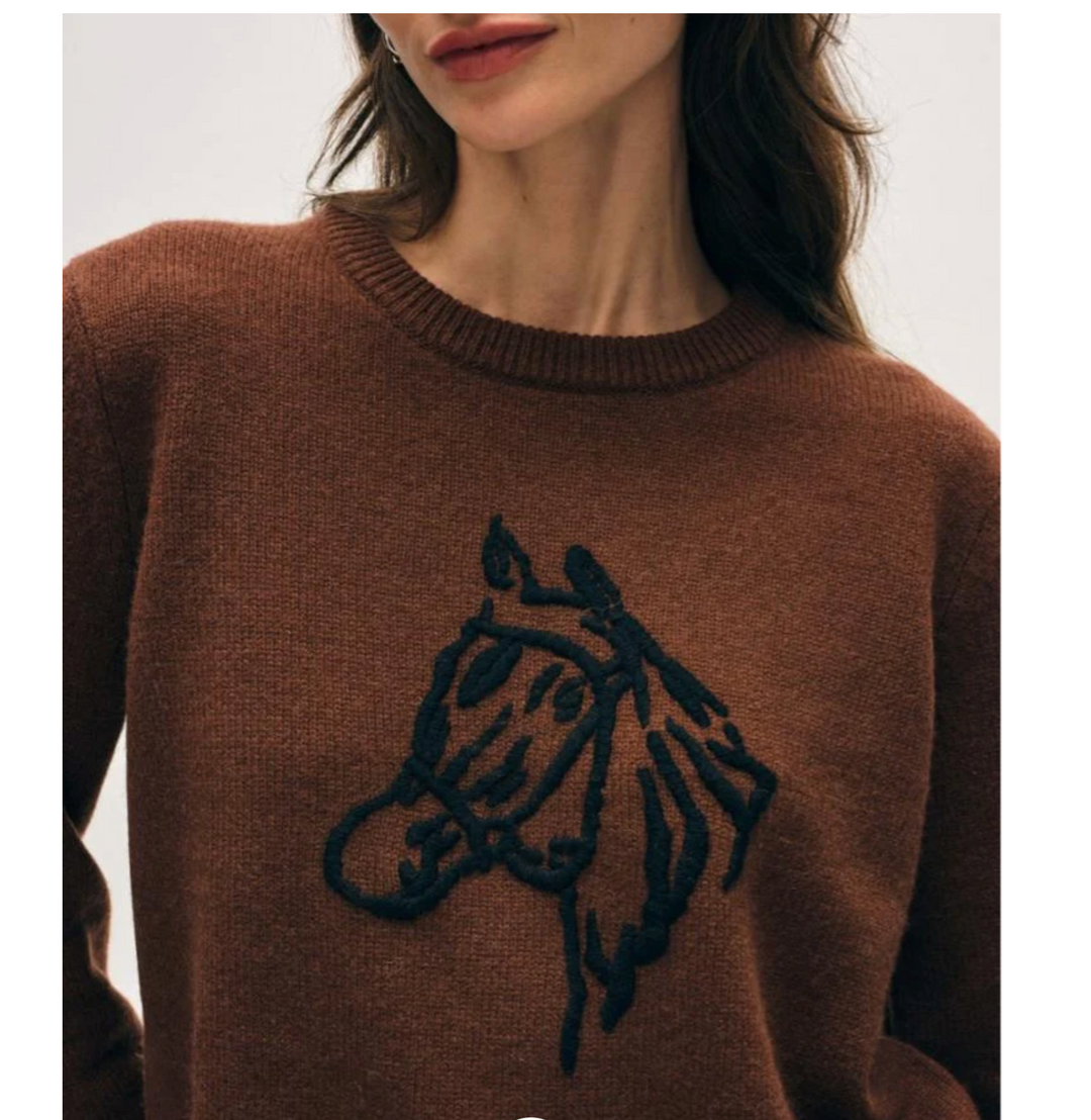 CASHMERE BLEND HORSE EMBROIDERED CREW