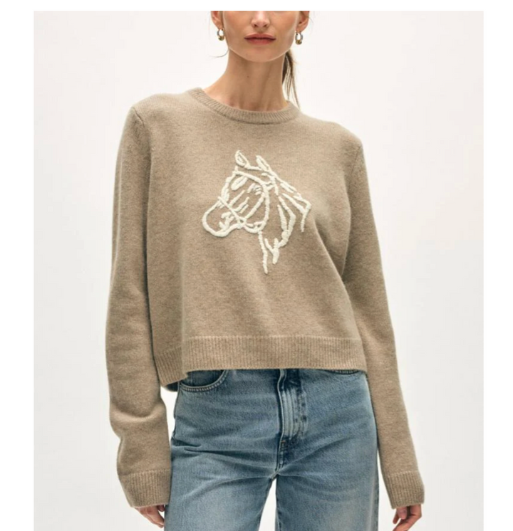 CASHMERE BLEND HORSE EMBROIDERED CREW