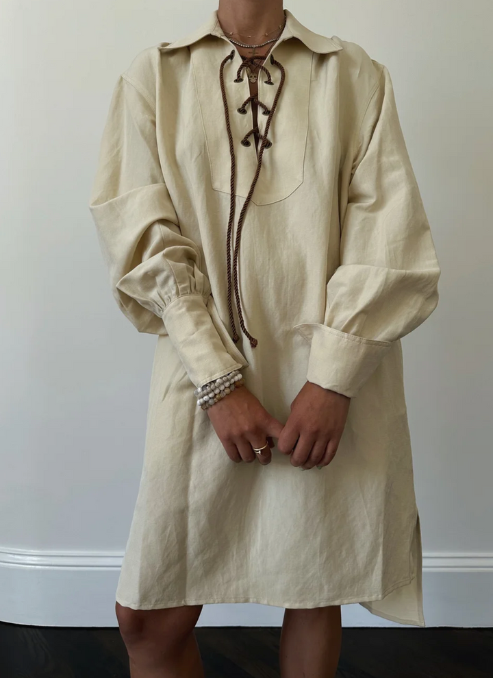 DRESS SILK LINEN W/ ROPE FRONT WHEAT SM