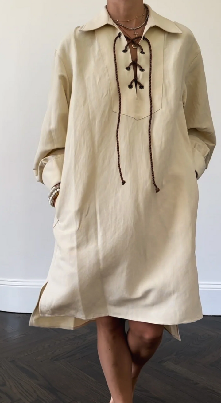 DRESS SILK LINEN W/ ROPE FRONT WHEAT SM