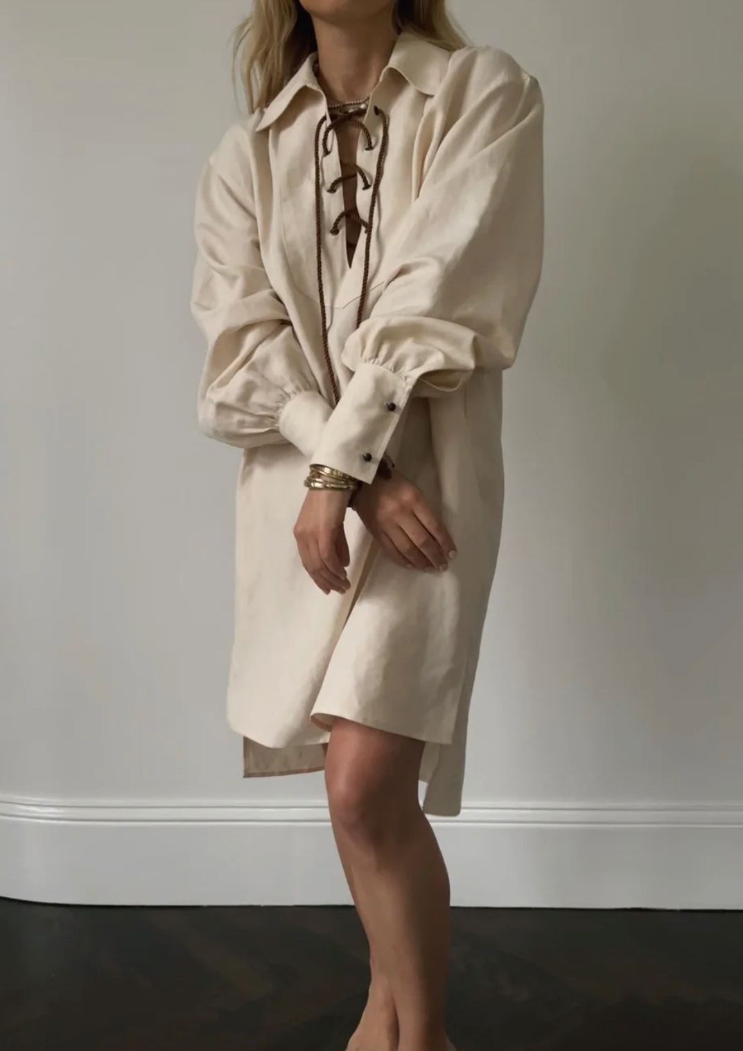 DRESS SILK LINEN W/ ROPE FRONT WHEAT SM